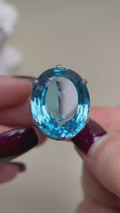 Pt900プラチナ＆ブルートパーズ＆ダイヤモンドリング｜ブルートパーズ 46.14カラット｜ダイヤモンド｜日本製ヴィンテージエステートジュエリー-BPXV