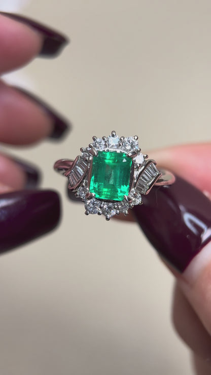 Pt900プラチナ＆エメラルド＆ダイヤモンドリング｜エメラルド1.28カラット｜ダイヤモンド0.58カラット｜コロンビア｜日本製ヴィンテージエステートジュエリー-BMVB