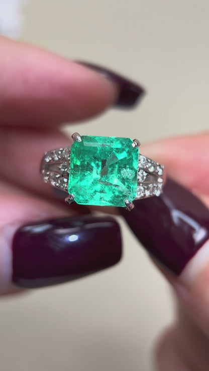 Pt900プラチナ＆エメラルド＆ダイヤモンドリング｜エメラルド4.08カラット｜ダイヤモンド0.33カラット｜日本製ヴィンテージエステートジュエリー-BGQM