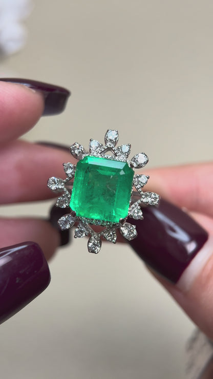 Pt950プラチナ＆エメラルド＆ダイヤモンドリング｜エメラルド4.41カラット｜ダイヤモンド1.08カラット｜日本製ヴィンテージエステートジュエリー-BMZO