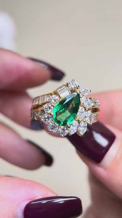 K18 Gold&Emerald Diamond Ring | Emerald 1.55ct | Diamond 2.05ct | Vivid Green | Japanese Vintage Estate Jewelry-BQJK