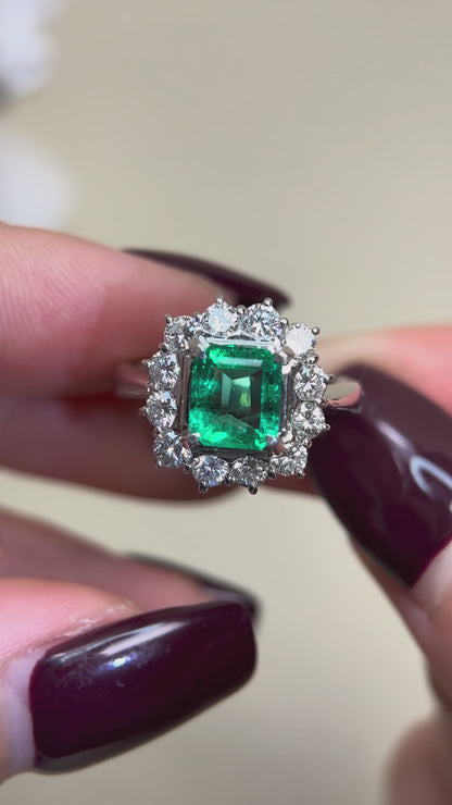 Pt900プラチナ＆エメラルド＆ダイヤモンドリング｜エメラルド1.13カラット｜ダイヤモンド0.90カラット｜日本製ヴィンテージエステートジュエリー-BHPW