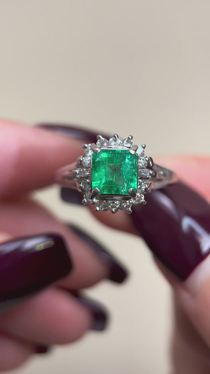 Pt900プラチナ＆エメラルド＆ダイヤモンドリング｜エメラルド1.01カラット｜ダイヤモンド0.34カラット｜日本製ヴィンテージエステートジュエリー-BLYB