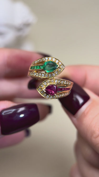 K18ゴールド＆ルビー＆エメラルド＆ダイヤモンドリング｜ルビー0.38ct｜エメラルド0.43ct｜ダイヤモンド0.28ct｜日本製ヴィンテージエステートジュエリー-BRCE