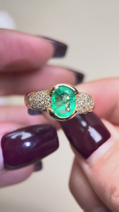K18ゴールド＆エメラルドダイヤモンドリング｜エメラルド1.74ct、ダイヤモンド0.47ct｜日本製ヴィンテージエステートジュエリー-BPMU