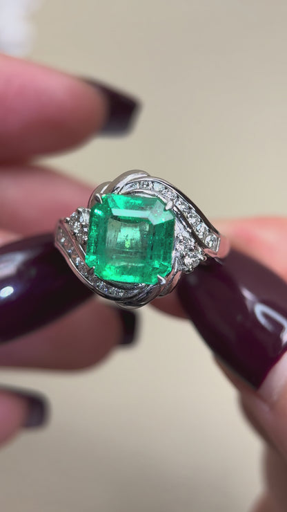 Pt900プラチナ＆エメラルド＆ダイヤモンドリング｜エメラルド3.98カラット｜ダイヤモンド0.43カラット｜コロンビア｜日本製ヴィンテージエステートジュエリー-BOYM