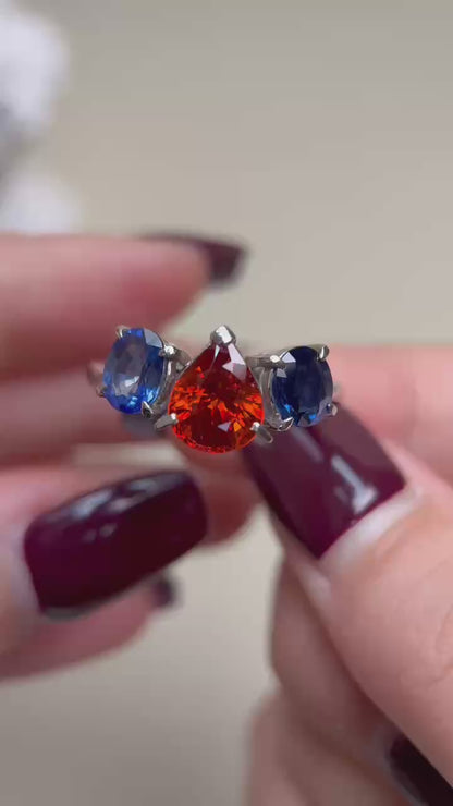 Pt900プラチナ＆スペサルティンガーネット＆サファイアリング｜ガーネット2.96カラット｜サファイア1.94カラット｜日本製ヴィンテージエステートジュエリー-BJPD